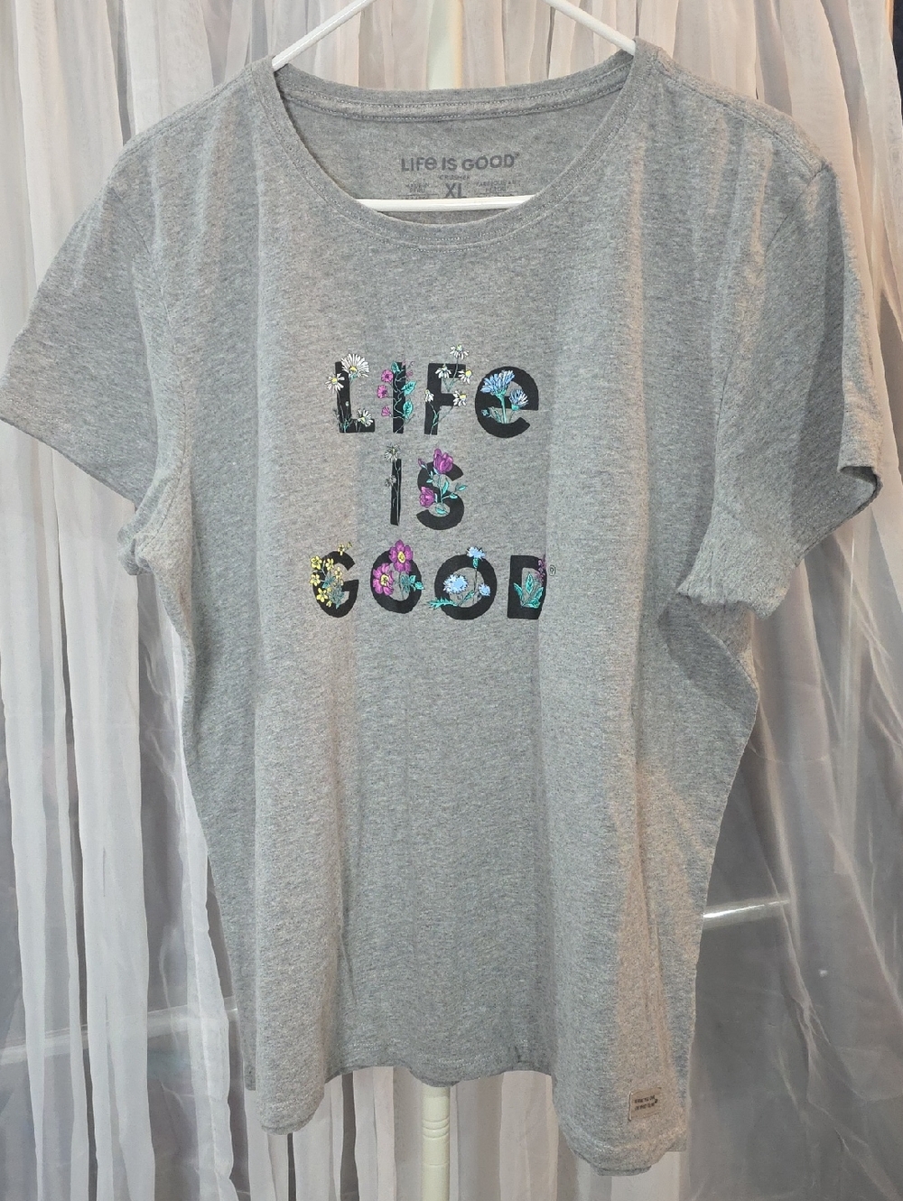 #230 Life Is Good Heather Gray Tee with Colorful Floral Logo